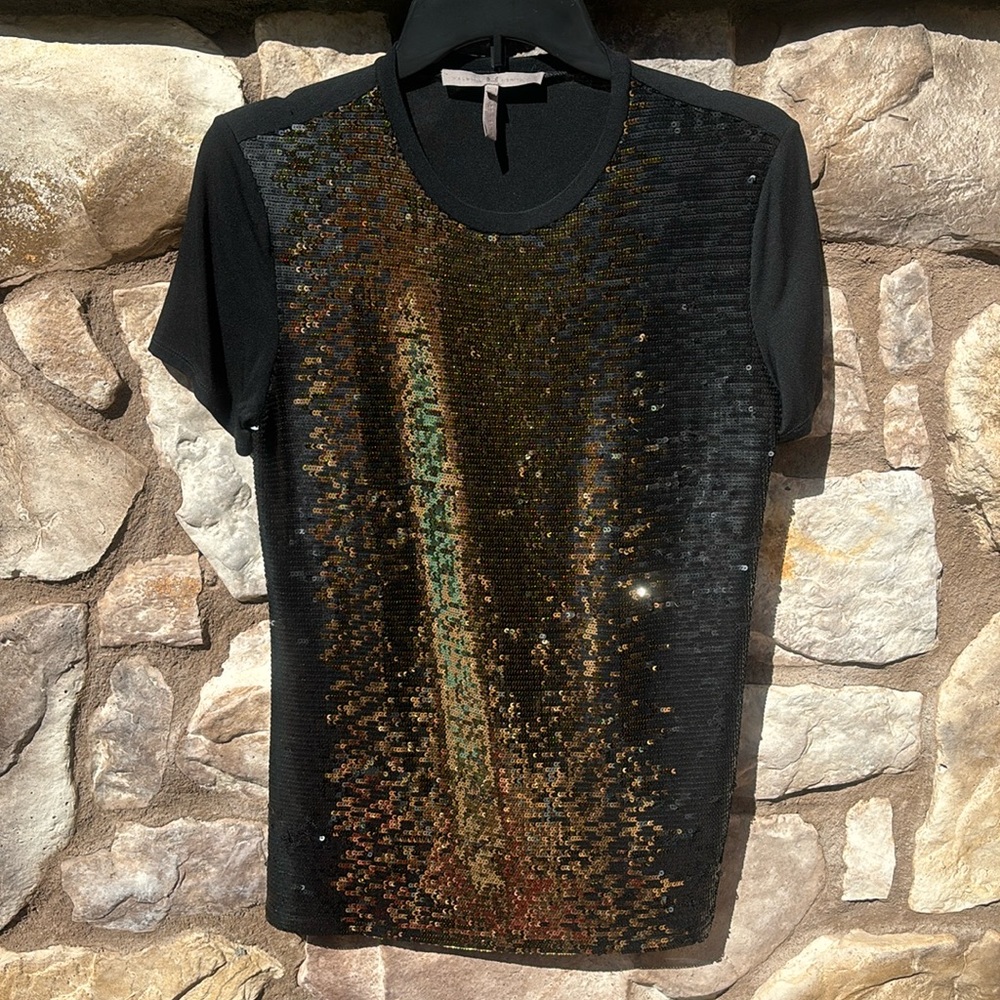 Halston Heritage Sequins Short Sleeve Shirt Black Gold Size XS
